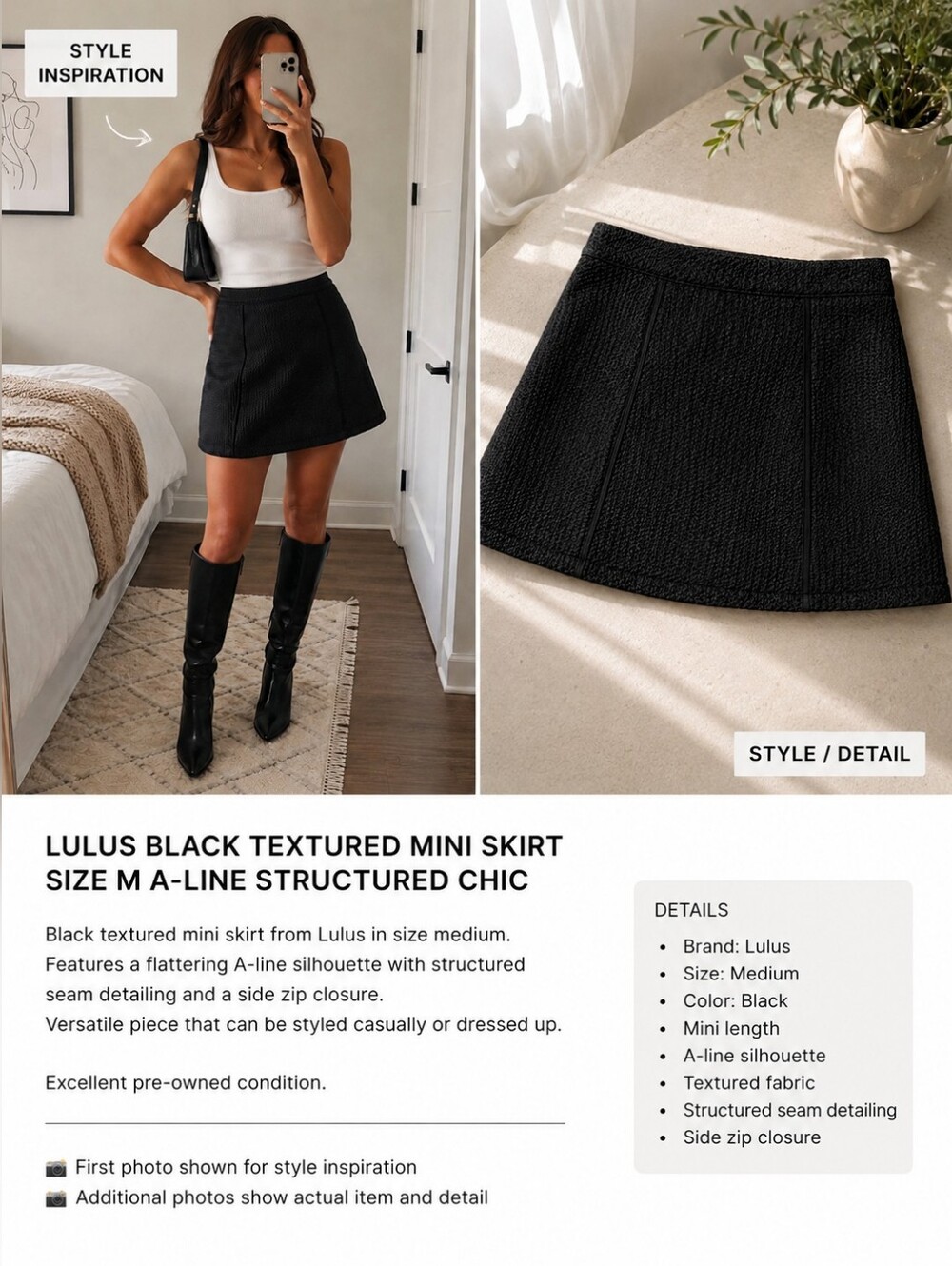 Lulus Black Textured Mini Skirt Size M A-Line Structured ChicBlack textured mini
